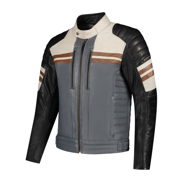 Rusty Stitches Steve Lederjacke Schwarz / Beige / Hellgrau