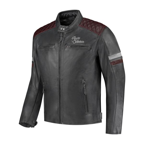 Rusty Stitches Jari V2 Lederjacke Hellgrau / Weinrot