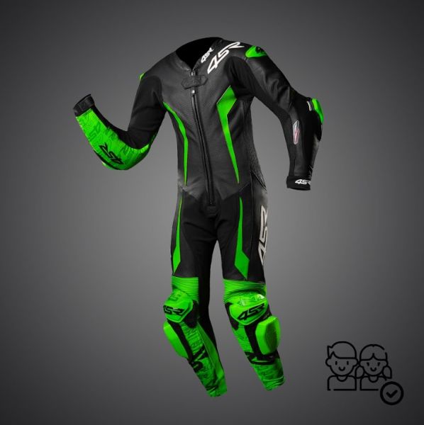 4SR Racing Junior Green AR Lederkombi Schwarz / Neongrün